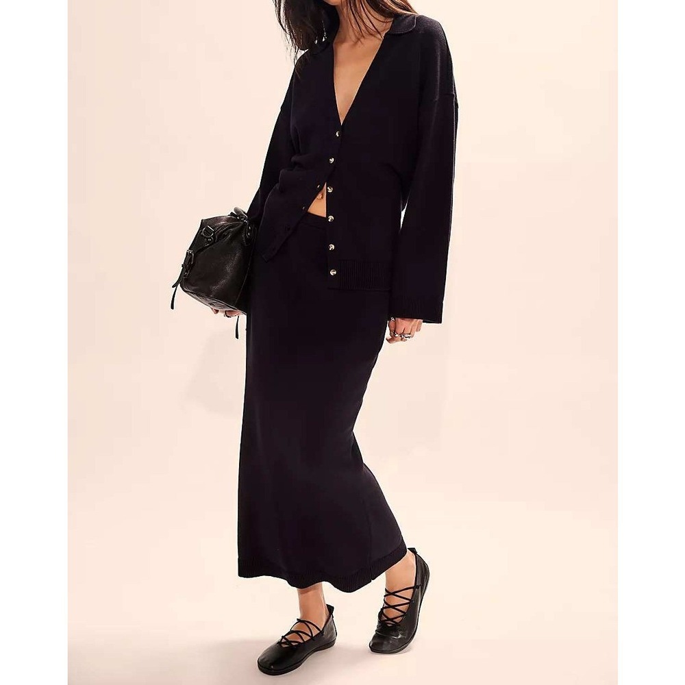 Free People free-est Womens XS Black Cotton Gwenna Collared Cardigan Skirt Set